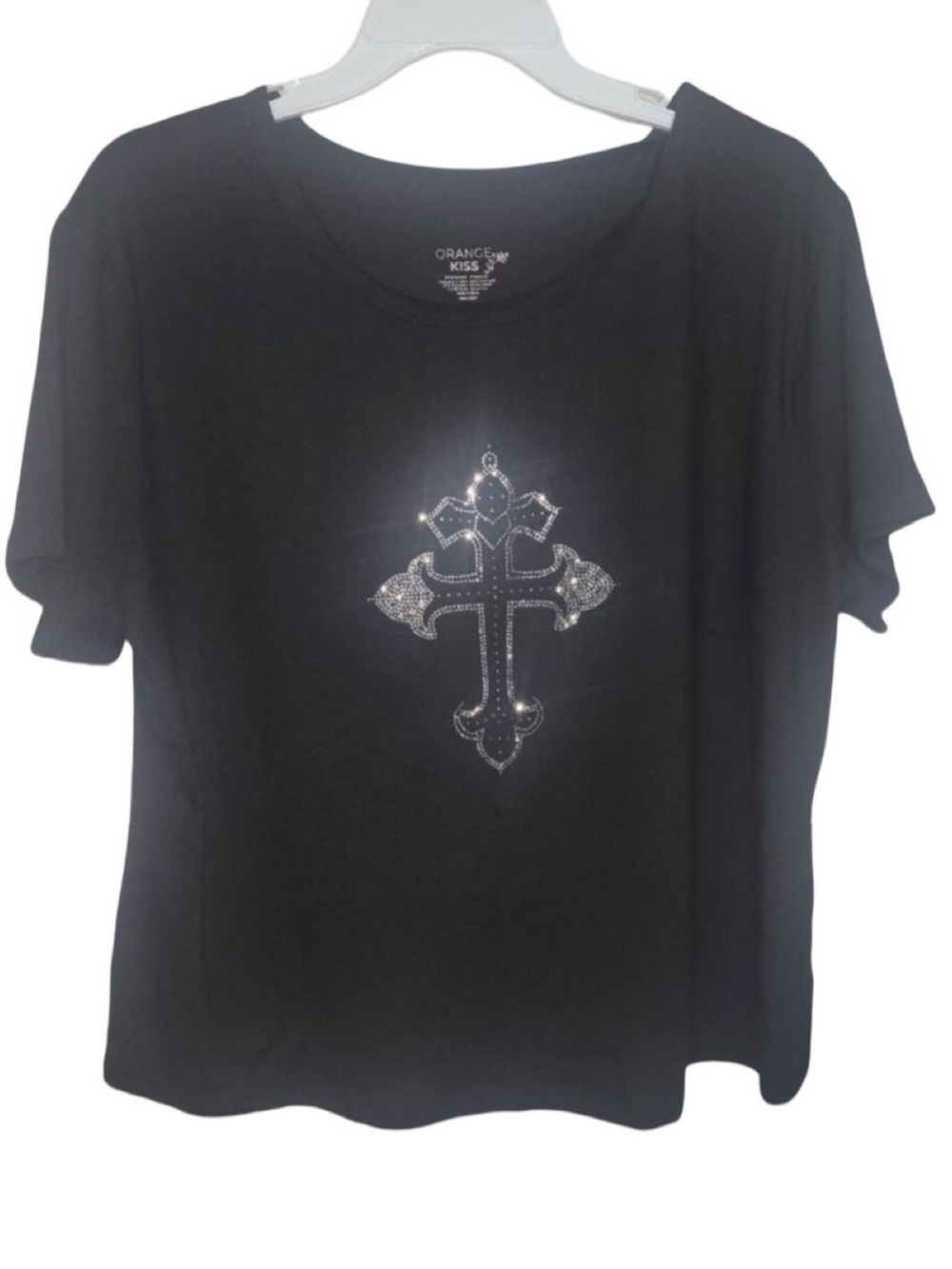 3XL Orange Kiss Black Rhinestone Cross Crop Top